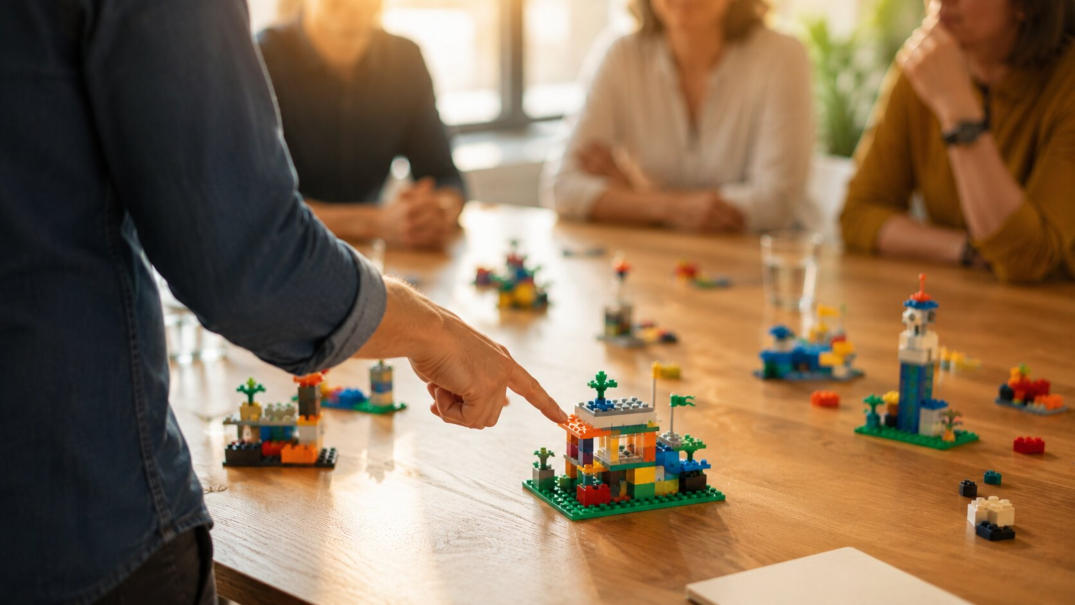 Facilitator explaining a LEGO SERIOUS PLAY model to a group during training