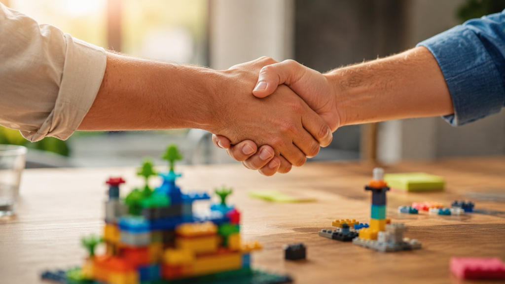 Two hands shaking hands over a LEGO SERIOUS PLAY model after a workshop