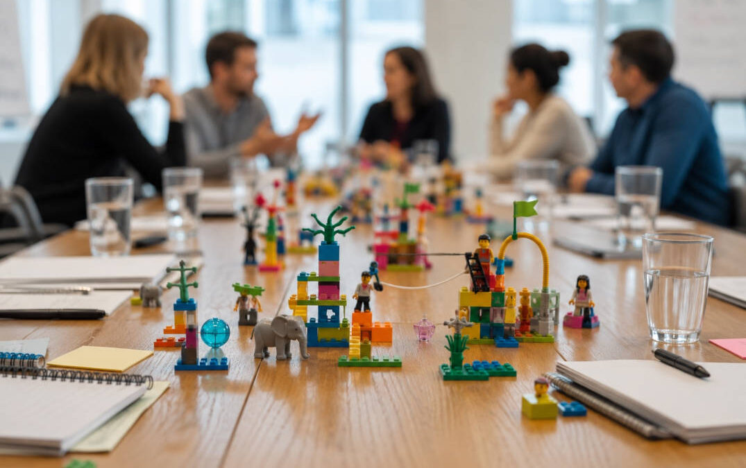 Plusieurs modèles improvisés en briques de construction colorées se trouvent sur une longue table de conférence entre des blocs-notes et des verres d'eau, avec des participants qui discutent en arrière-plan