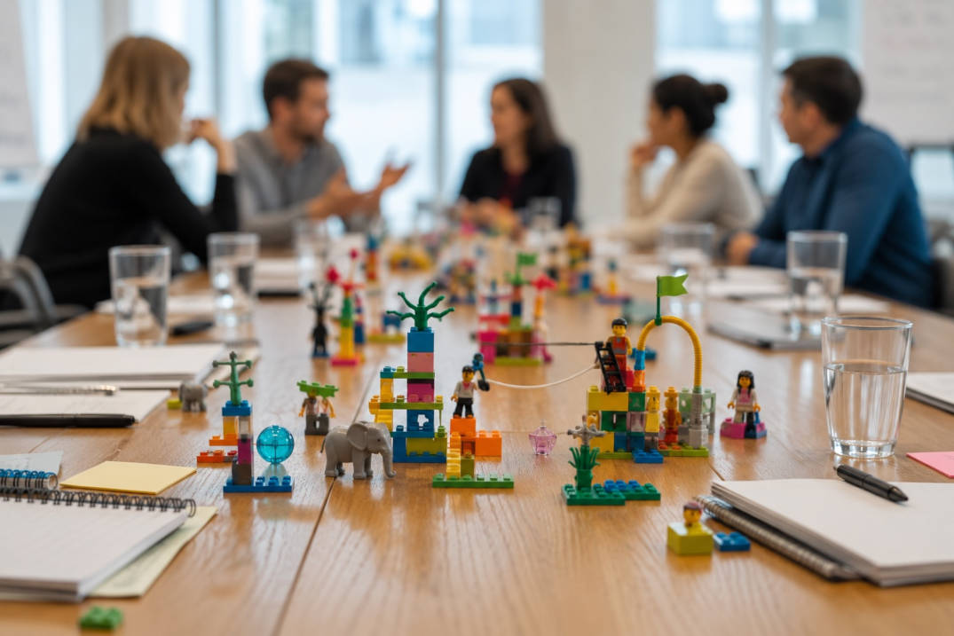 Several improvised models made of colorful plastic bricks stand on a long conference table between notepads and water glasses, with participants talking in the background