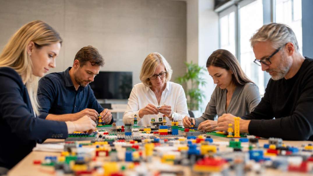 Five professionals each build their own model together at a table during a LEGO SERIOUS PLAY workshop