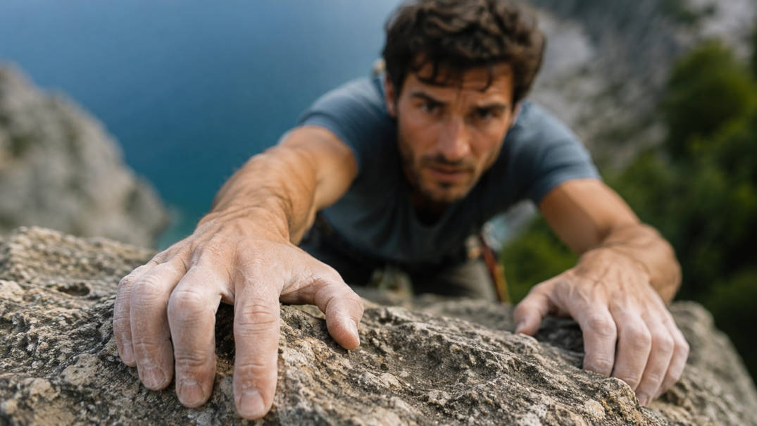 Climber reaching for a rock ledge with intense focus, symbolic image for flow without external reward
