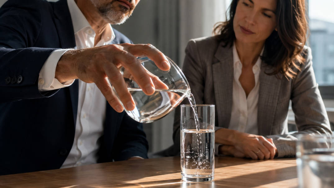 Two executives at a conference table pouring water from one glass into another, illustrating Piaget's constructivism