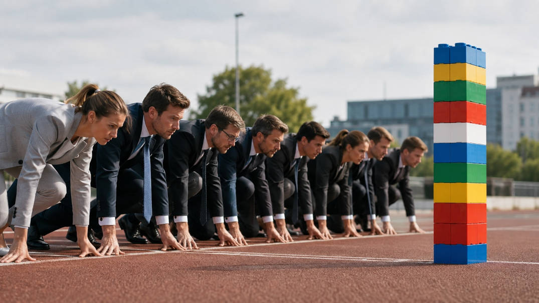Runners in business attire crouch at the starting line in front of a tower of colorful building blocks, symbolizing Skills Building in LEGO SERIOUS PLAY