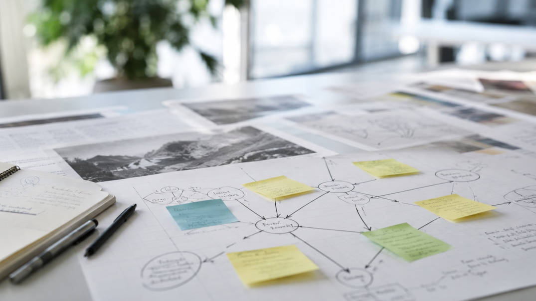 A modern desk with mindmaps and connecting lines, symbolic image for the science behind LEGO SERIOUS PLAY